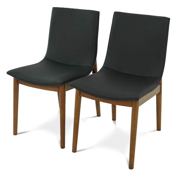 Ardita Black Premium Vegan Leather Dining Chairs with Tapered Walnut Finish Legs (Set of 2)