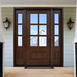 68 in. x 80 in. Savannah Clear 6 Lite LHIS Mahogany Stained Wood Prehung Front Door with Double 14 in. Sidelites