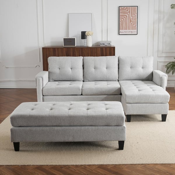 83.4 in. Chenille L-Shaped Sectional Sofa in. Gray with USB Ports and Movable Ottoman