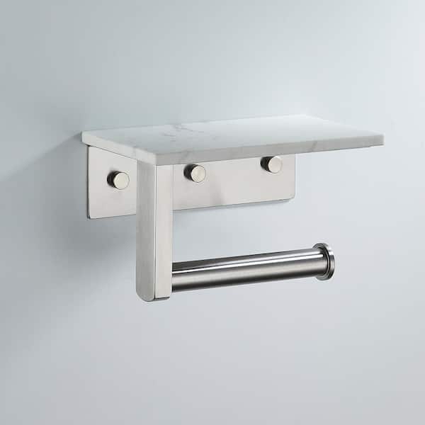 Wall Mount Single Post Toilet Paper Holder with Marble Shelf in Brushed Nickel