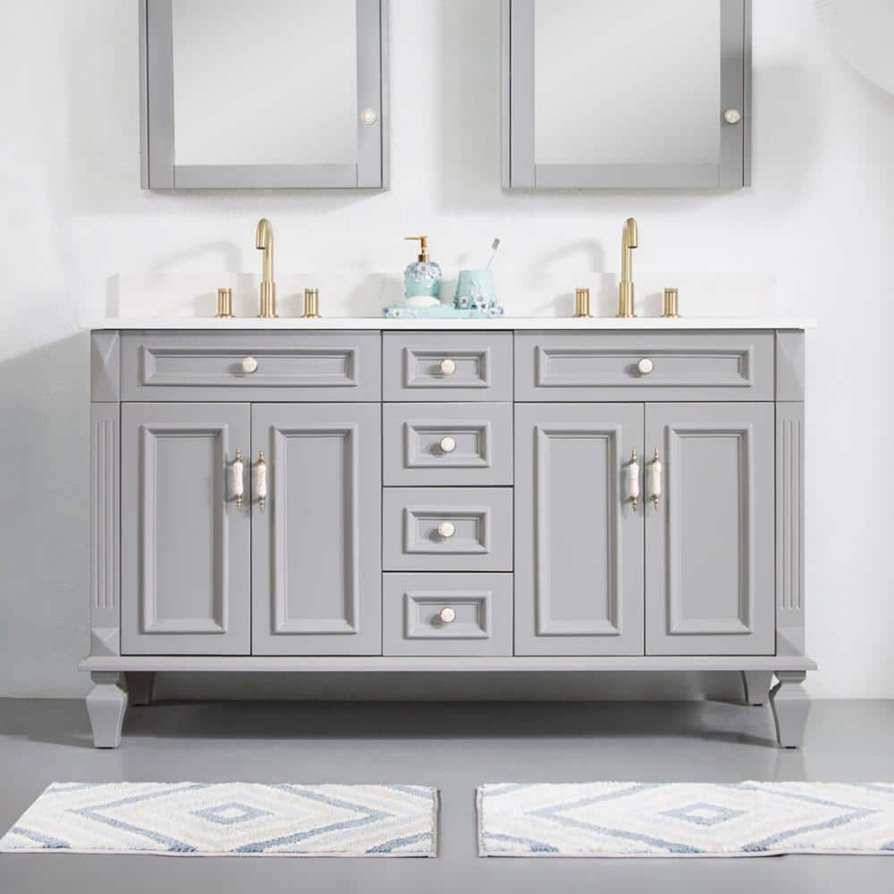 60 in. W Single Sink Freestanding Solid Wood Bath Vanity in Gray with Carrera White Top Fully Assembled price history on PriceWatchPro