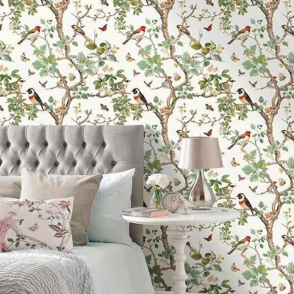 Beige Floral and Bird Self-Adhesive Removable Peel and Stick