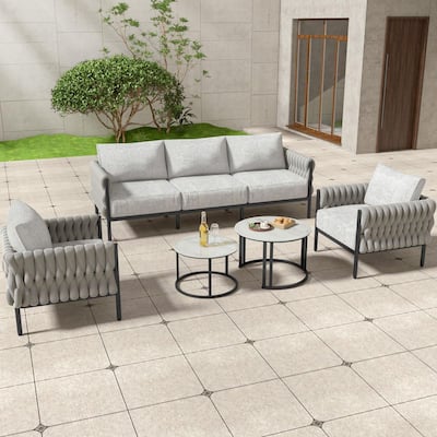 5-Piece Black Metal Outdoor Sectional Set with Gray Velvet Cushions and Coffee Table