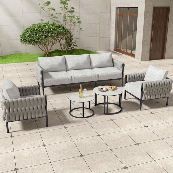 Zeus & Ruta 5-Piece Black Metal Outdoor Sectional Set with Gray Velvet Cushions and Coffee Table
