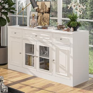 White Wood Entertainment Center TV Stand for TVs up to 75 in. with Tempered Glass Door Media TV Console, Drawers
