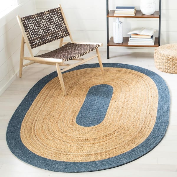 Braided Navy/Natural 6 ft. x 9 ft. Oval Solid Border Area Rug