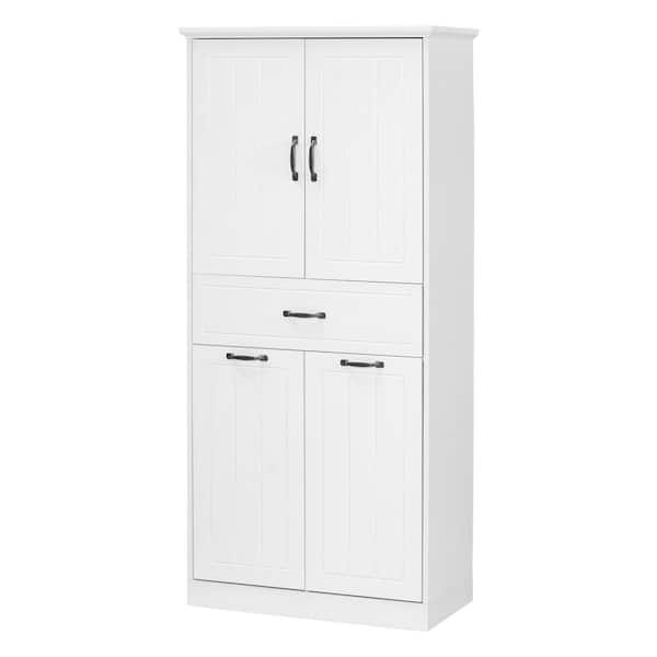 29.9 in. W x 15.7 in. D x 65.8 in. H White Linen Cabinet with 2 Laundry Baskets and 1 Drawer
