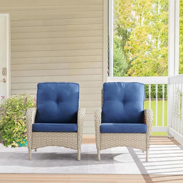 Opohoro PlainCurve Metal and Light Beige Wicker Outdoor Lounge Chair with Olefin Navy Blue Cushions (2-Pack)