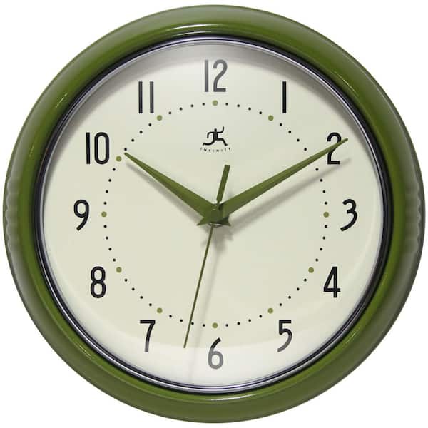 Infinity Instruments Retro Round Olive Green Aluminum Wall Clock, 9.5 in.