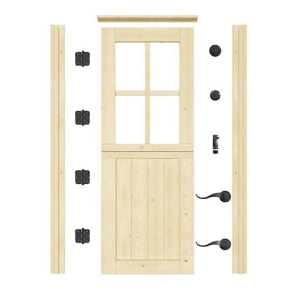 32 in. x 80 in. Solid Universal 4-Lite Clear Glass Unfinished Dutch Wood Prehung Front Door +Quick Assemble Jamb+lock