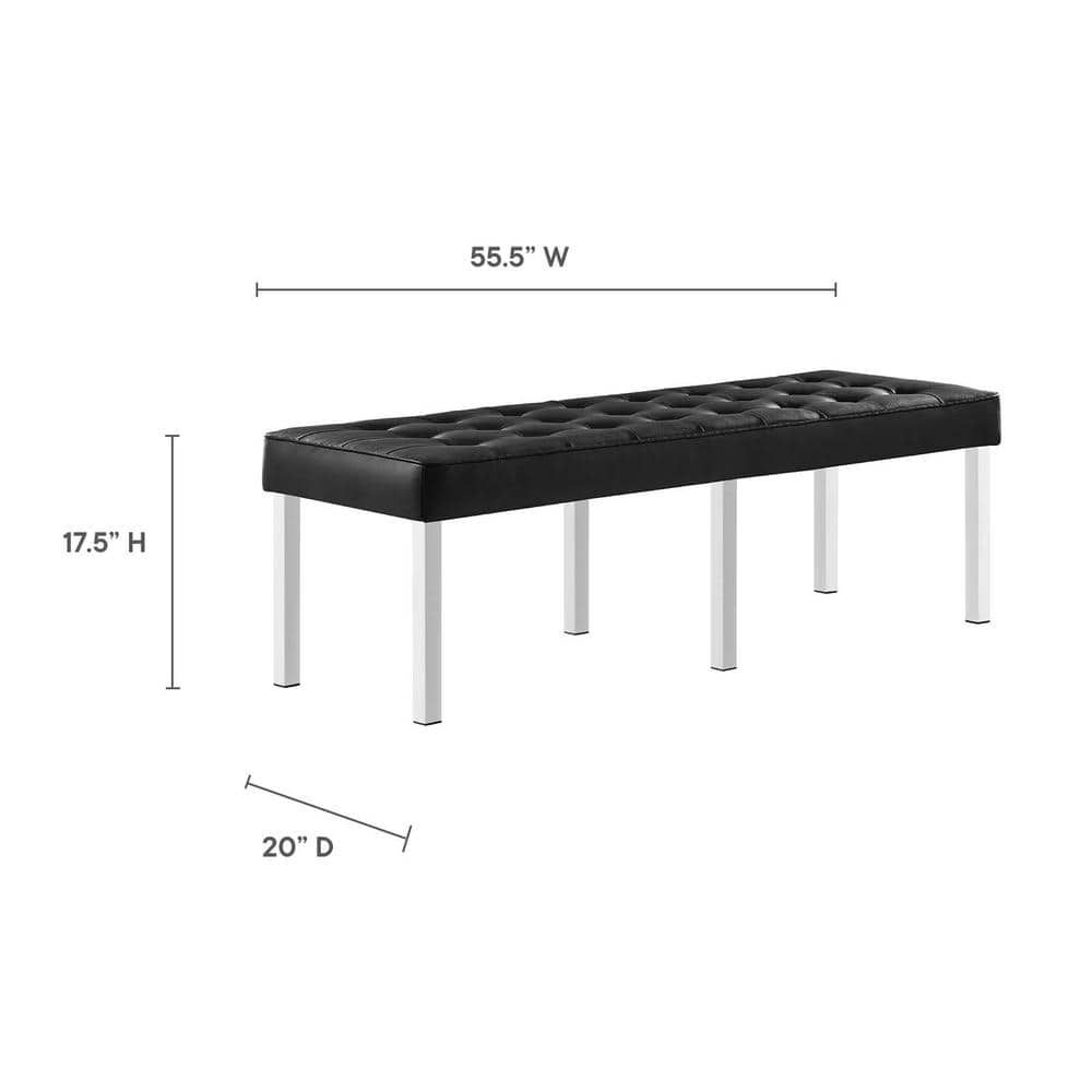 Black Tufted Vegan Leather Bench with Stainless Steel Legs