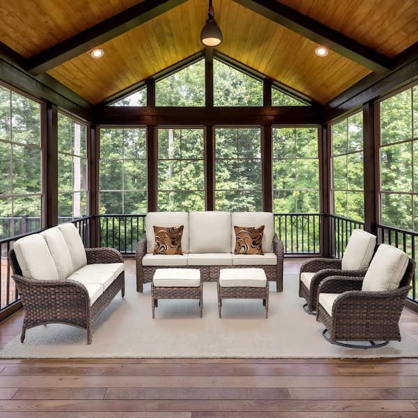 Brown 6-Piece Wicker Outdoor Sofa Couch Patio Conversation Set with Beige Cushions