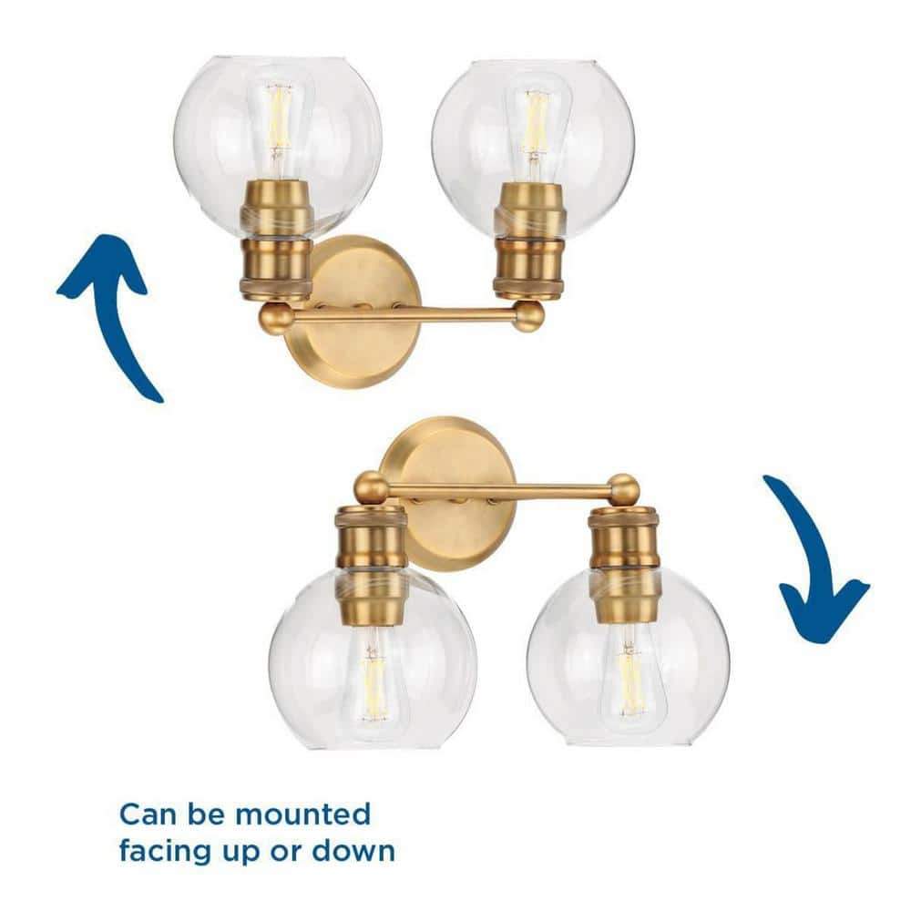 Hansford Vintage Brass 2-Light Bath Vanity with Clear Glass Shades