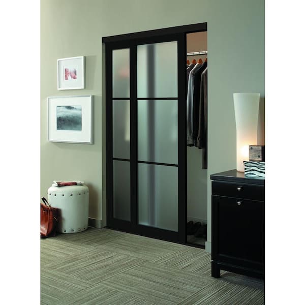 Closet Organizer with Sliding Aluminum Doors and Painted Glass