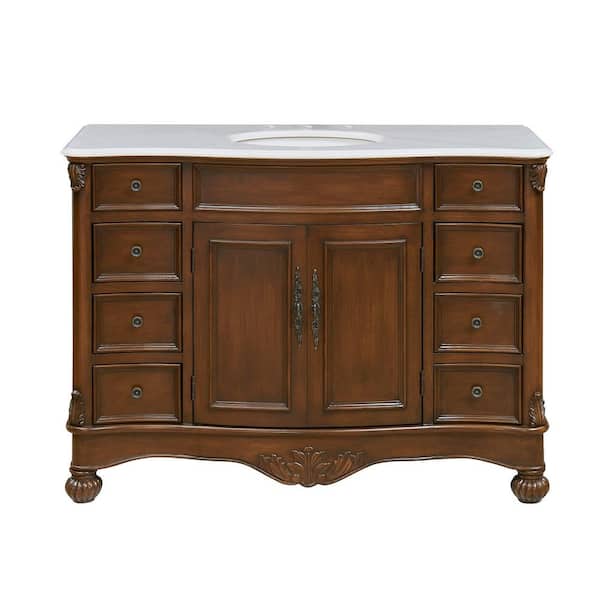 Unbranded Simply Living 48 In. Single Bathroom Vanity In Teak Color with Marble Vanity Top in White and Brown Vein