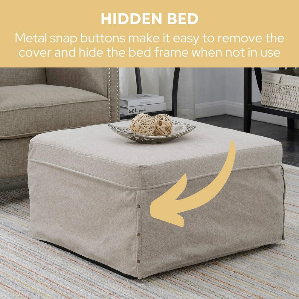 Soft Beige Fabric Folding Bed Ottoman with Metal Frame