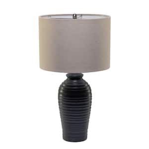 1-Light 25 in. Grey Raised Rings Ceramic Base Table Lamp, Bedside Lights, Nightstand Lamps