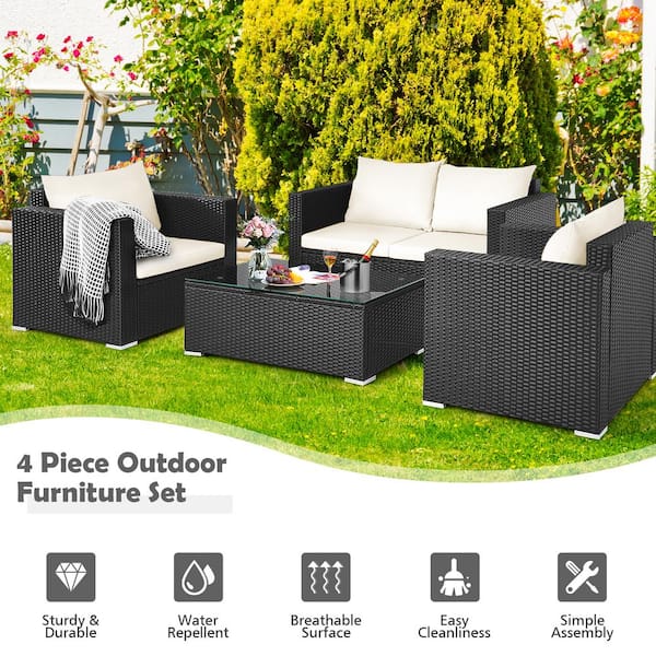 Costway Island 4 Piece Wicker Patio Rattan Furniture Set Sofa Chair Coffee Table Off With White Cushions Hw65410cr - Aldi Outdoor Furniture 2018