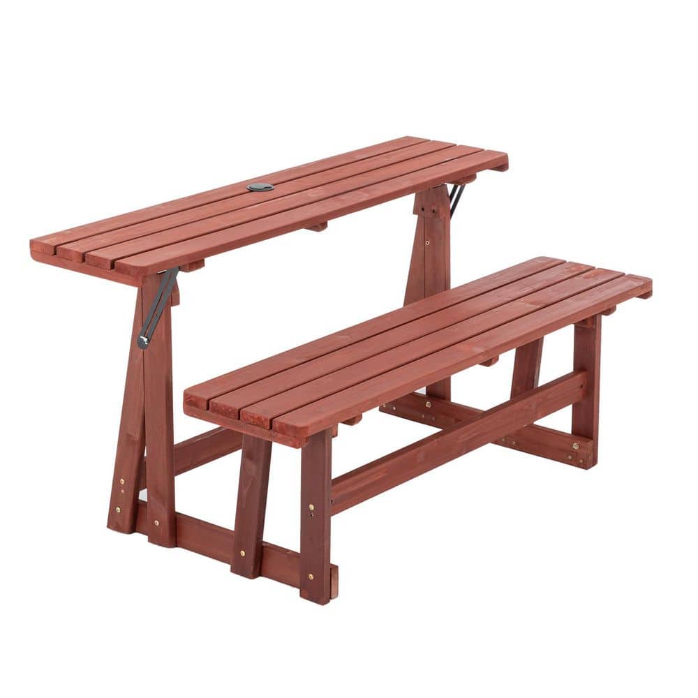 55.5 in. Brown Rectangle Wood 2 in.-1 Picnic Table Convertible Bench with Backrest and Umbrella Hole price history on PriceWatchPro