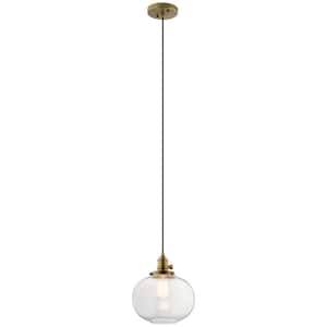 Avery 9.75 in. 1-Light Natural Brass Farmhouse Shaded Kitchen Globe Mini Pendant Hanging Light with Clear Seeded Glass