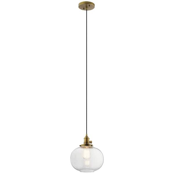 KICHLER Avery 9.75 in. 1-Light Natural Brass Farmhouse Shaded Kitchen Globe Mini Pendant Hanging Light with Clear Seeded Glass
