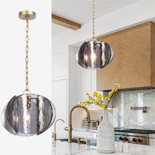 Glam 1-Light Satin Gold Handmade Glass Pendant Light, Modern Unique Smoky Gray Chandelier for Foyer Kitchen Living Room