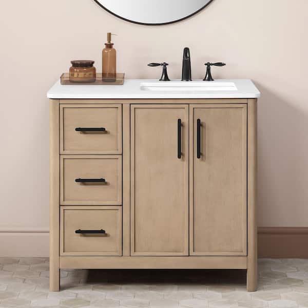 Solas 36 in. Single Sink Freestanding Sahara Birch Bath Vanity with White Engineered Stone Top