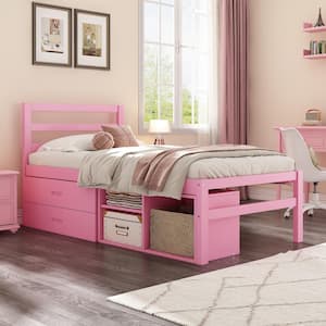 Multifunction Pink Wood Frame Twin Size Platform Bed with Removable Drawers and Shelves