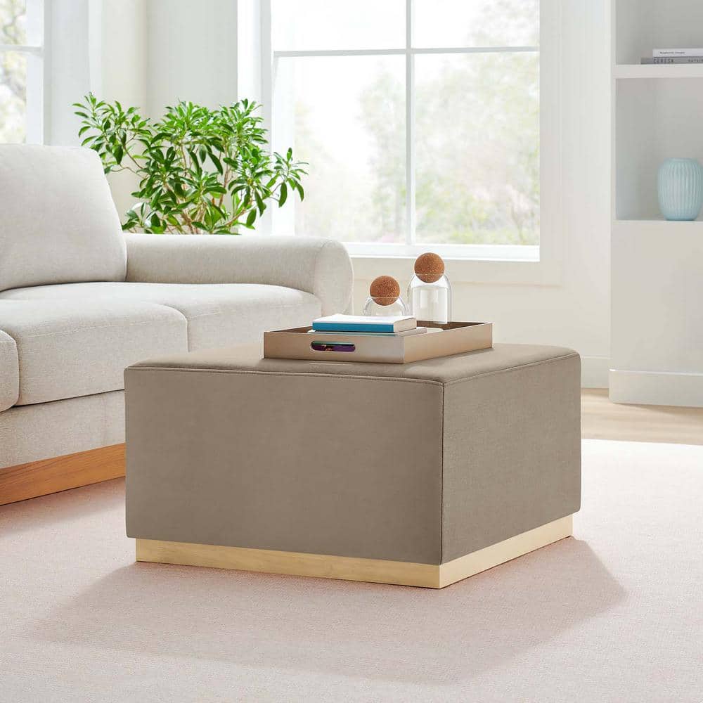 Tilden Taupe Velvet Upholstered Square Ottoman with Rubberwood Base
