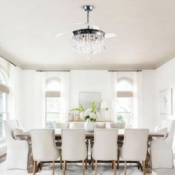 Mateo 42 in. Indoor Downrod Mount Retractable Chrome Ceiling Fan Chandelier with Light Kit and Remote Control