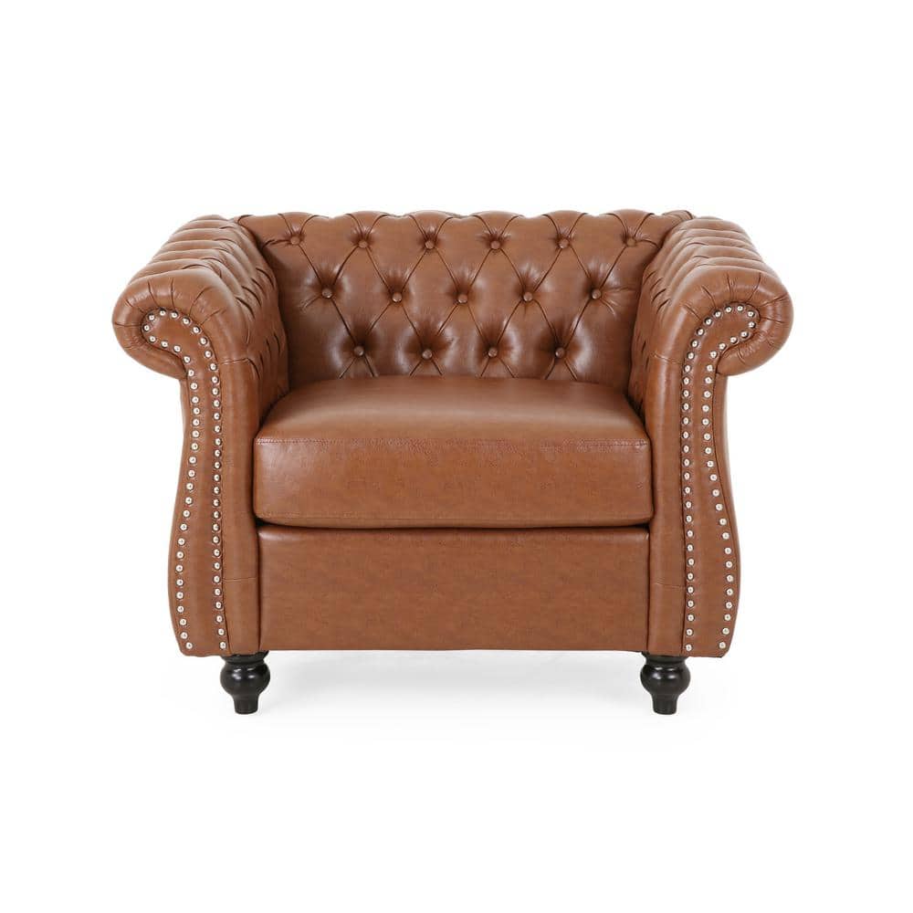 Chesterfield Brown Faux Leather Accent Chair with Birch Wood Legs