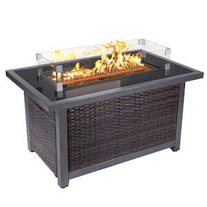 44 in.50000 BTU Wicker Propane Outdoor Fire Pit Tablewith Wind Guard, Tempered Glass Tabletop and Glass Beads, Brown