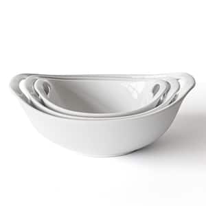 12.48 in. 0.86 fl. Oz. White Stoneware Serving Bowls with Handle (Set of 3)