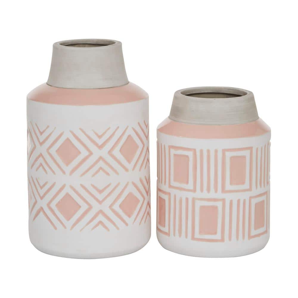 Set of 2 Pink and White Ceramic Geometric Decorative Vases