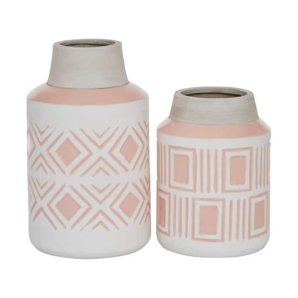 Litton Lane White Ceramic Decorative Vase with Diamond Patterns (Set of 2)