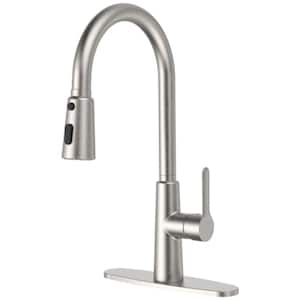 Kitchen Single Handle Faucet Pull Out Sprayer 3-Way Setting with Deck Plate in Brushed Nickel