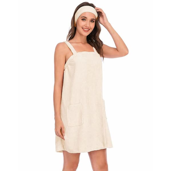 White Bath Wrap Towel with Pockets and Adjustable Straps Includes Headband for Spa, Gym, Beach, College, 3XL