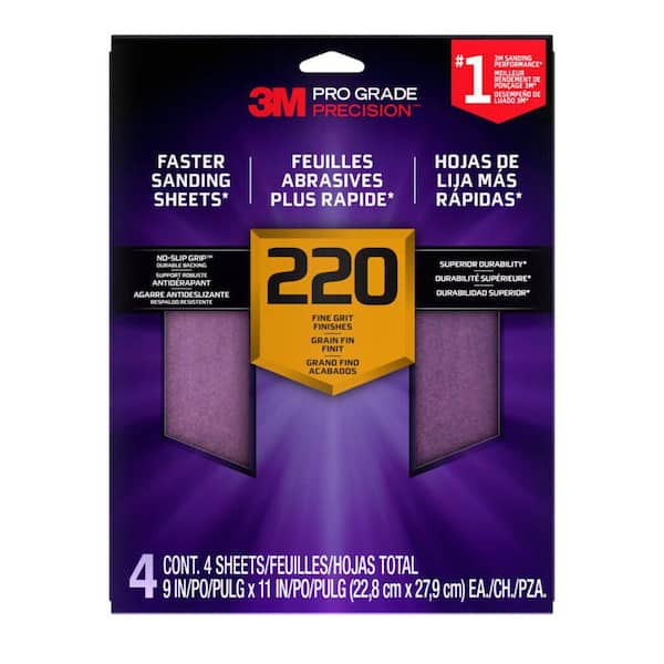 3M Pro Grade Precision 9 in. x 11 in. 220 Grit Faster Sanding Sheet With No-Slip Grip Backing (3-Pack)