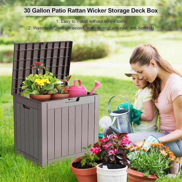 380L/100Gal Litre Resin Deck Box Rustproof storage for Patio Furniture with  Gas Poles, Garden Tools and Pool Toys, Durable Lockable lid, UV Protected,  Weatherproof, Gray 