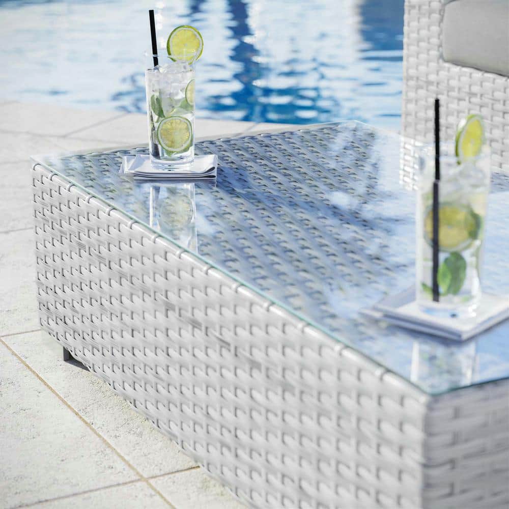 Convene Light Gray Wicker Outdoor Coffee Table with Glass Top