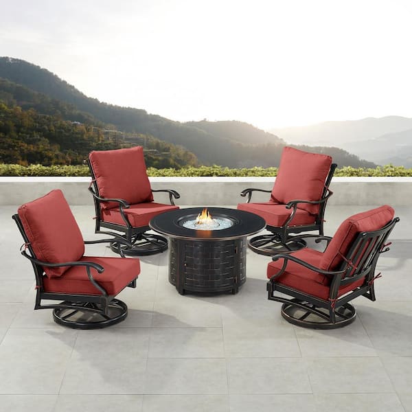 Oakland Living Black 5-Piece Aluminum Patio Fire Table Set with Red Cushions