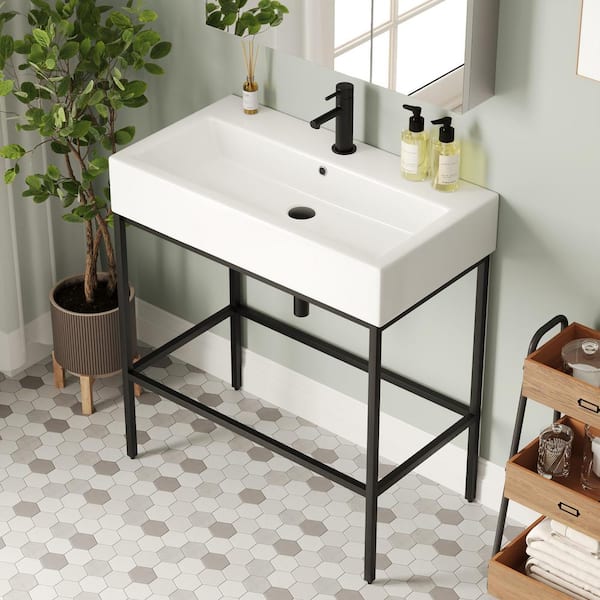 DEERVALLEY 32 in. L x 17 in. W White Ceramic Console Sink Basin and Stainless Steel Black Legs Combo with Overflow Hole