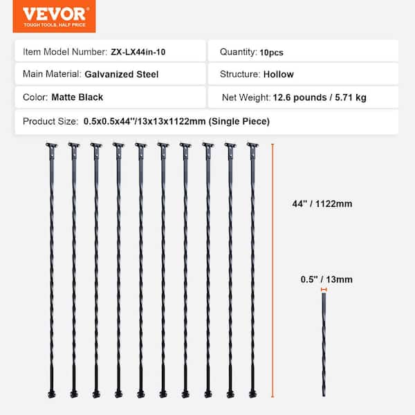 VEVOR Staircase Metal Balusters 44 in. Hx 0.51 in. W Black Galvanized Steel Stair Railing Kit Deck Baluster (10-Pack)