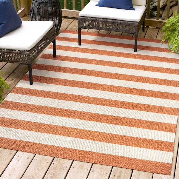 Negril Two-Tone Orange/Beige 3 ft. x 5 ft. Wide Stripe Indoor/Outdoor Area Rug