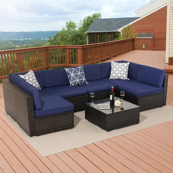 Sonkuki 7-Piece Wicker Patio Conversation Sectional Seating Set with Navy Blue Cushions