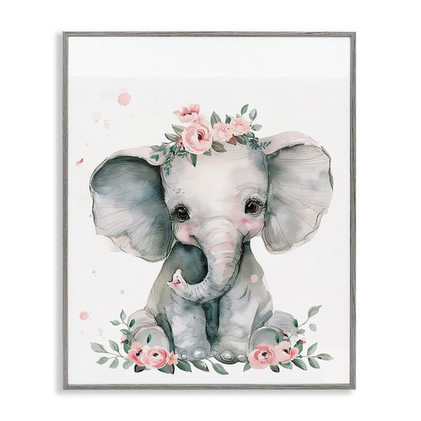 Stupell Industries Nursery Floral Elephant by LSR Design Studio Gray Framed Animal Giclee Art Print 30 in. x 24 in.