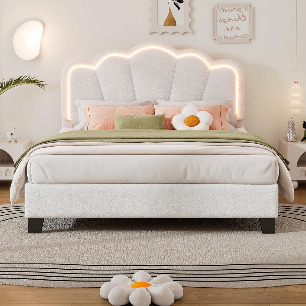 White Wood Frame Full Size Upholstered Platform Bed with LED Light Strip Elegant Flowers Headboard -  Polibi, RS-62263-08Apj