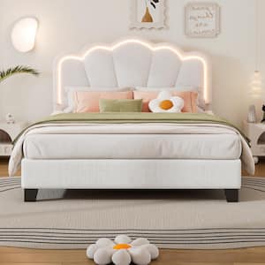 White Wood Frame Full Size Upholstered Platform Bed with LED Light Strip Elegant Flowers Headboard