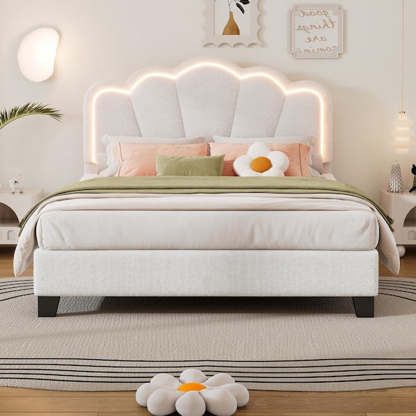 Polibi White Wood Frame Full Size Upholstered Platform Bed with LED Light Strip Elegant Flowers Headboard