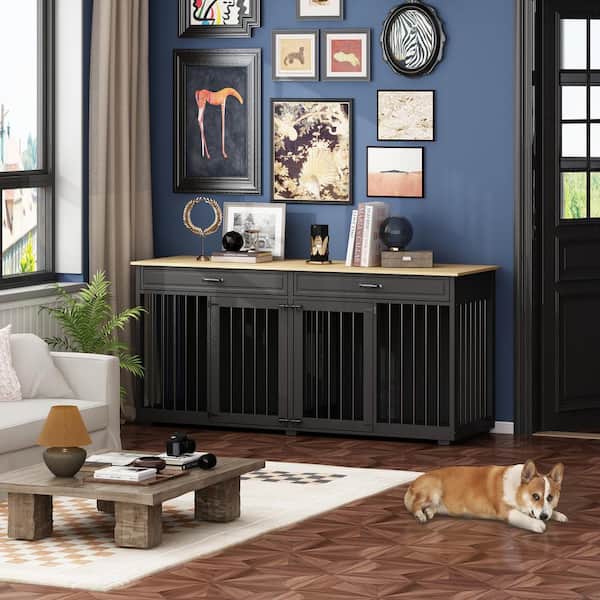 FUFU&GAGA Large Wooden Dog Kennels Drawers and Divider, Furniture Style Dog Crate, Black Dog House for Large Medium Small Dogs